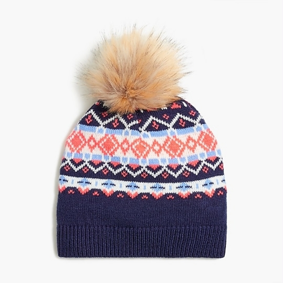 New! J Crew Navy blue fair isle pom-pom hat beanie